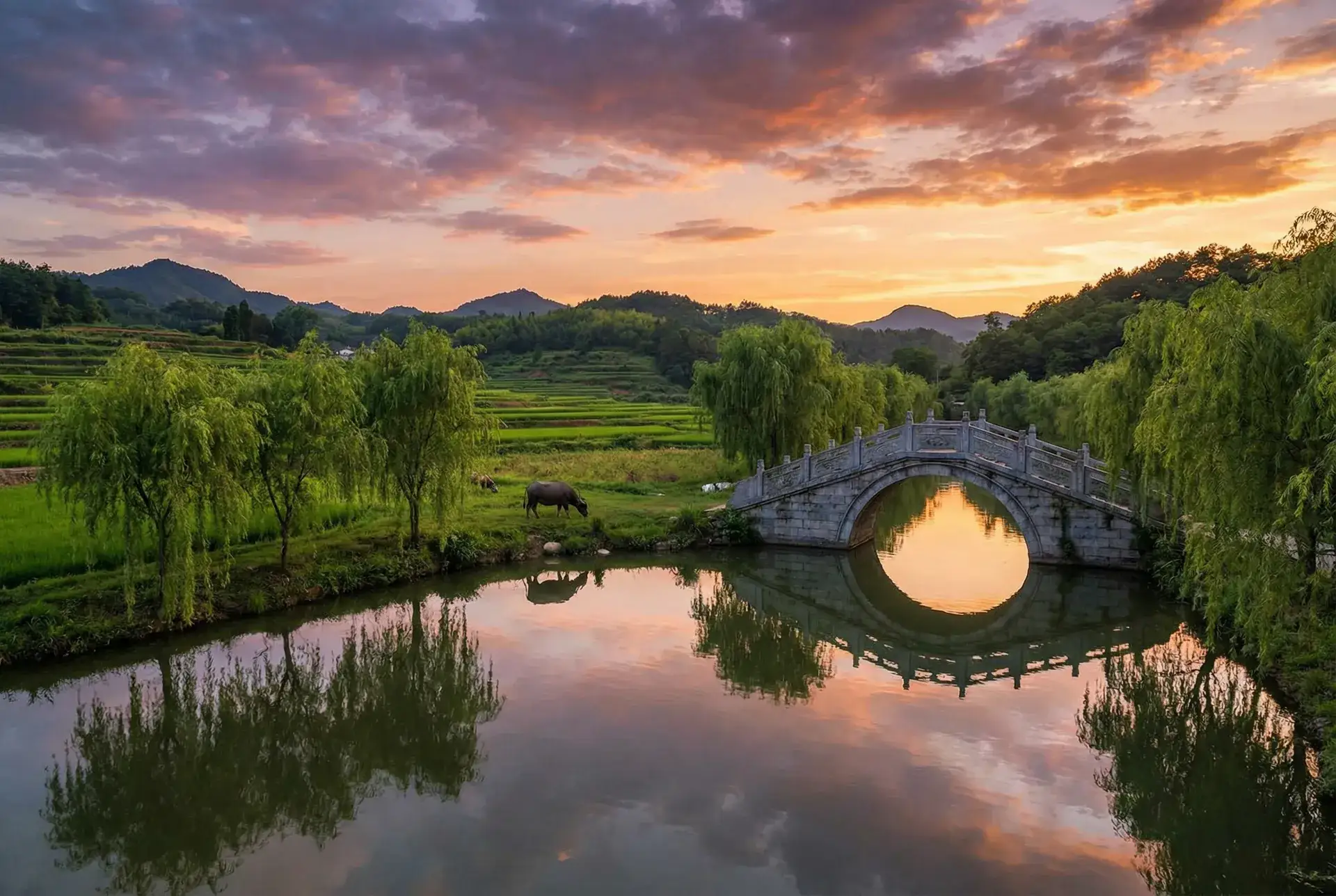 夕阳下的石拱桥与垂柳，水牛在河边吃草 - 家好月圆txt 乡村美景